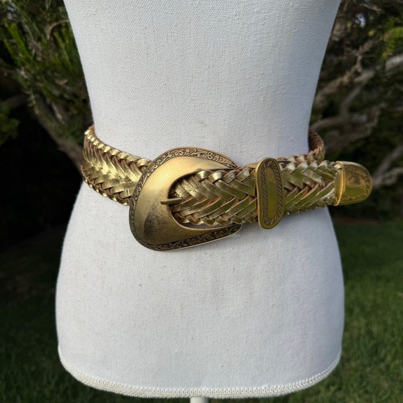 Lady Captiva Accessories - Lady Captiva Metallic Gold Braided Leather Belt Western Engraved Buckle Size M